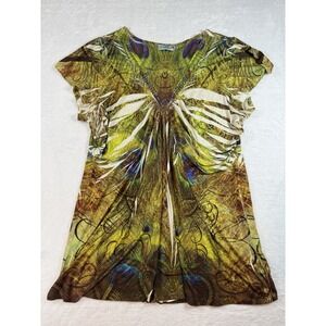 Unity Blouse Shirt Top Women Size XL Green Peacock Short Sleeve Boho Festival